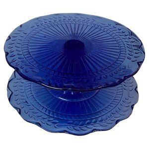 VTG 2 Tier Cobalt Blue Glass Laural Leaf Pedestal Cake Plates Stands 9” & 10”